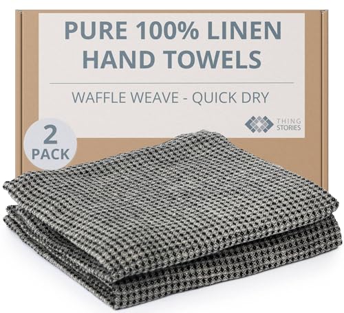 100% Linen Hand Towels 2-Pack - 14x28-inch Thin Waffle Weave, Black-Natural - color: Black Natural, size: Hand Towels