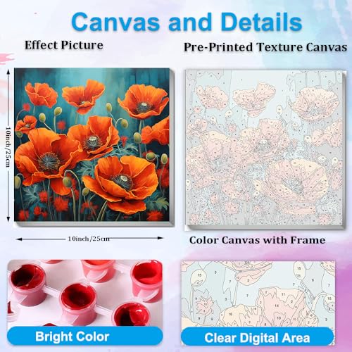 Artunion Framed Paint by Numbers Kit for Adults Beginners & Kids Ages 8-12,Red Poppy Paint by Number with Frame,Flower Adult Paint by Numbers Kit on Canvas 10 * 10 Inch Without Easel - color: ZXT-188-F