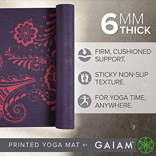 Gaiam, 요가 매트 - 프리미엄 6mm 프린트, 매우 도톰한 소재. 미끄럼 방지, 모든 유형의 요가, 필라테스 및 바닥 운동을 위한 운동 및 피트니스 매트(길이 172.7cm (68 인치) x 너비 61cm (24 인치) x 6mm 두께) - color: 가지 소용돌이