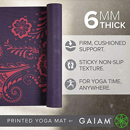 Gaiam, 요가 매트 - 프리미엄 6mm 프린트, 매우 도톰한 소재. 미끄럼 방지, 모든 유형의 요가, 필라테스 및 바닥 운동을 위한 운동 및 피트니스 매트(길이 172.7cm (68 인치) x 너비 61cm (24 인치) x 6mm 두께) - color: 가지 소용돌이