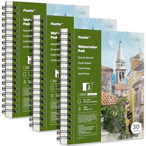 Funto Watercolor Pad 10x7, 3-Pack, 90 Sheets, 140 lb/300 GSM, Double-Sided, Cold Press, Spiral Bound, Heavyweight Paper for Watercolor Painting - color: 10x7-Green-3 Pack