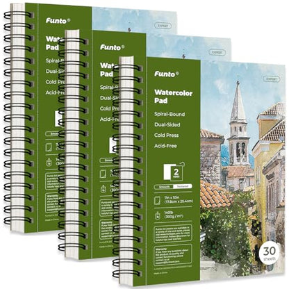 Funto Watercolor Pad 10x7, 3-Pack, 90 Sheets, 140 lb/300 GSM, Double-Sided, Cold Press, Spiral Bound, Heavyweight Paper for Watercolor Painting - color: 10x7-Green-3 Pack
