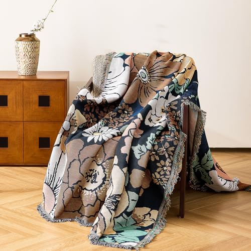 VANJOROY Boho Throw Blanket for Couch Cover, 100% Handwoven Cotton Southwestern Farmhouse Floral Decor Reversible Blanket, All Season Throw for Sofa Bed Tapestry Outdoor Camping Picnic. 91″×98″ - color: Blue Flower, size: 91″×98″