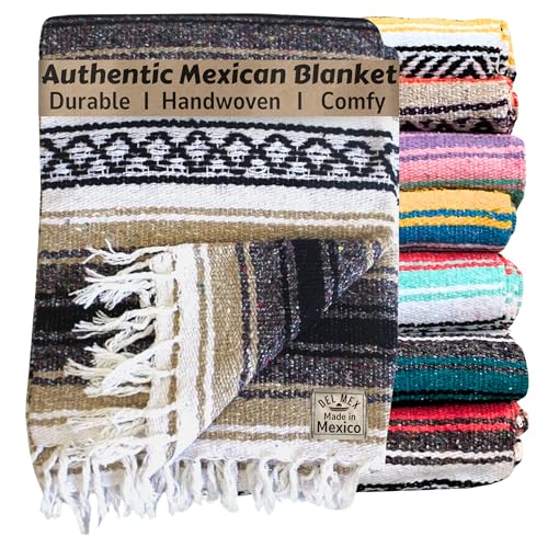 Del Mex Classic Mexican Blanket, Large Authentic Woven Falsa Throw (70"x50"), Artisan Southwest Décor for Beach, Yoga, Outdoors (Tan) - color: Tan