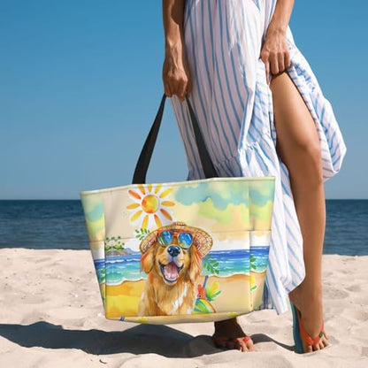 Large Beach Bag for Women Waterproof Foldable Travel Shoulder Tote Bag with Pocket for Weekender Pool Vacation - color: Dog Yellow