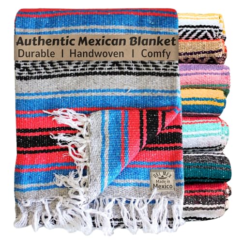 Del Mex Classic Mexican Blanket, Large Authentic Woven Falsa Throw (70"x50"), Artisan Southwest Décor for Beach, Yoga, Outdoors (Salmon/Blue) - color: Salmon/Blue