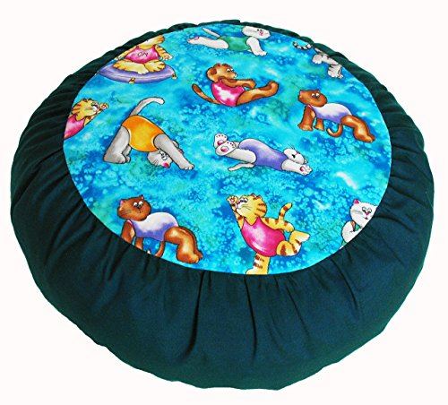 Meditation Cushion Zafu Buckwheat Pillow - Heavenly Kitties- Yoga Cats Teal - color: Yoga Cats Teal