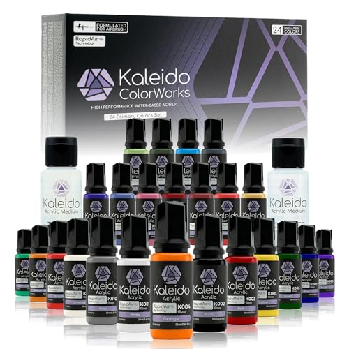 Gaahleri Kaleido Water-Based Airbrush Paint Kit 24 Primary Color Set | Acrylic Paint, Pre-Thinned, High Gloss, Fast-Drying, with Thinner & Cleaner - color: 24 Primary Colors Set