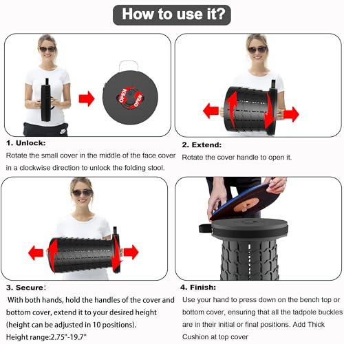 ALEVMOOM Upgraded XXL 19.7" Collapsible Stool with Cushion, Heavy Duty Portable Folding Stool Max Load 1000 lbs, Retractable Telescoping Foldable Seat Chair for Camping Fishing Travel - color: Black