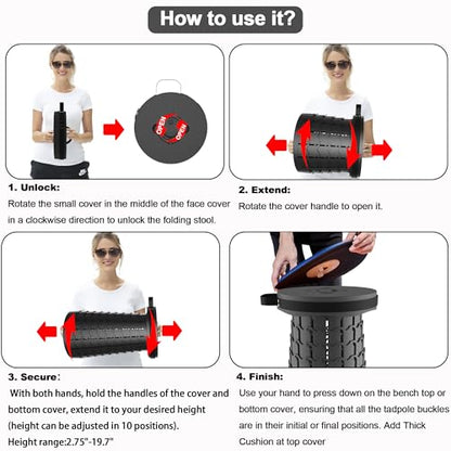 ALEVMOOM Upgraded XXL 19.7" Collapsible Stool with Cushion, Heavy Duty Portable Folding Stool Max Load 1000 lbs, Retractable Telescoping Foldable Seat Chair for Camping Fishing Travel - color: Black