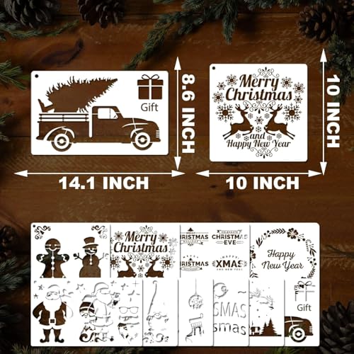 YKW 10 Pcs Large Christmas Stencils Set - Reusable 14.1x8.6 Inch Holiday Templates for Painting on Wood, Porch Signs, Walls & Canvas - Snowman, Tree, Reindeer Designs - DIY Home Decor Tool - style: XMAS