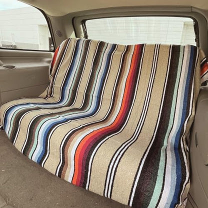 Open Road Goods Authentic Mexican Serape Blanket – 100% Cotton Falsa Throw - Multi-Color Handmade Blanket/Classic Striped Falsa Beach Blanket (Tan/Beige) - color: Tan/Beige