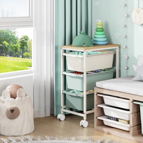 KINGBOARD Slim Rolling Cart with 3 Drawers, Metal Utility Storage Cart | Wooden Tabletop, Lockable Wheels, Under Desk Trolley for Bedroom, Children's Room and Office Organization, Green - color: Green, size: 3-Tier