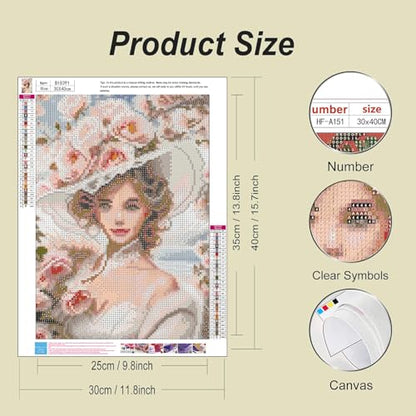 Lady in Flower Hat Diamond Art Painting Kits for Adults,Full Drill Diamond Dots Paintings for Beginners,Flower Round 5D Paint with Diamonds Pictures Gem Art Painting Kits DIY Crafts Kits 12x16inch - color: Lady in Flower Hat