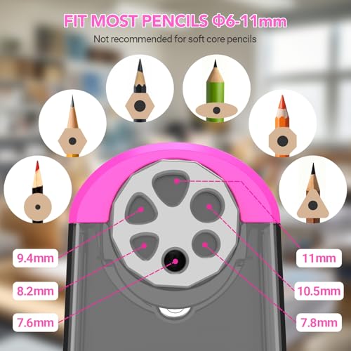 AFMAT Electric Pencil Sharpener for Classroom, 6 Holes, Cordless & Rechargeable, Fast Sharpen, Auto Stop, 10K+ Uses, Heavy Duty Pencil Sharpener for 6-11mm No.2/Large/Colored Pencils PSD2(Pink) - color: Pink