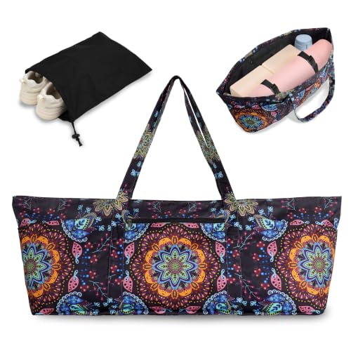 Yoga Mat Bag Yoga Tote Bag with Large Waterproof Zipper Pocket and Drawstring Pocket Yoga Mat Bag Carrier Fit Most Size Mats and All You Stuff - color: purple orange
