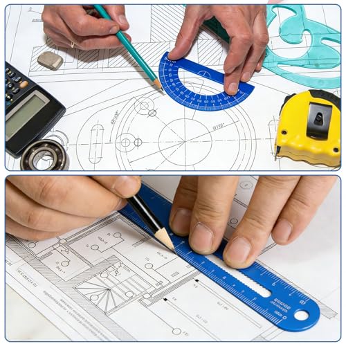 HARFINGTON 4pcs Triangular Ruler Set 15cm/6" Aluminum Alloy Straight Geometric Protractor Triangle Engineering Scale Drafting Ruler Kit Measuring Drawing Tool for Classroom Home, Silver White - color: Silver White