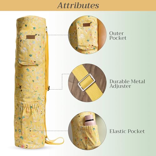 Maison d' Hermine Yoga Mat Duffle Bag Gym Tote Yoga Mat Carry Bag | Cylindrical bag for Woman Men Gifts Adjustable shoulder straps with Drawstring Water Bottle Pocket and zipper pocket - color: Colmar - Yellow, style: Yoga Mat Carry Bag