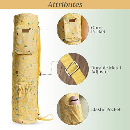 Maison d' Hermine Yoga Mat Duffle Bag Gym Tote Yoga Mat Carry Bag | Cylindrical bag for Woman Men Gifts Adjustable shoulder straps with Drawstring Water Bottle Pocket and zipper pocket - color: Colmar - Yellow, style: Yoga Mat Carry Bag