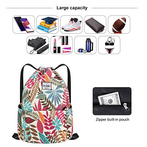 XEYOU Drawstring Backpack Bag Sport Gym Sackpack Beach Cinch Bag | Lightweight Swimming Bag, Water-Resistant Fabric, Travel Daypack for Women and Men - color: Colorful Leaves Pattern