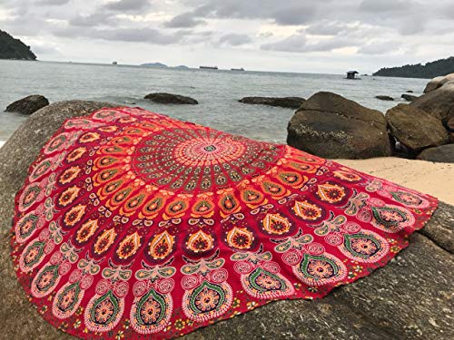 raajsee Mandala Round Beach Tapestry Hippie/Boho Decor Beach Blanket/Indian Cotton Throw Bohemian Round Table Cloth Mandala/Yoga Mat Meditation Picnic Rugs (RED) - color: RED