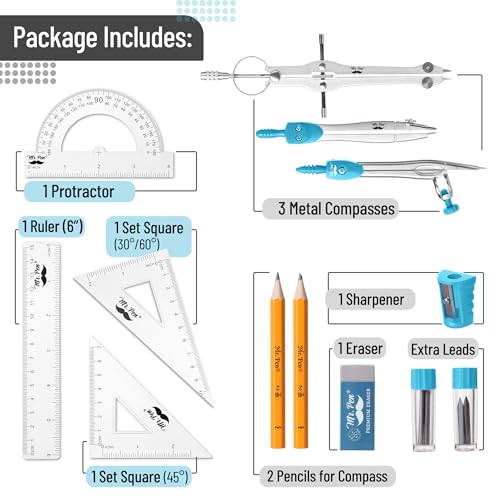 Mr. Pen 13 Piece Geometry Set with Shatterproof Storage Box, Blue | 45° & 30°/60° Set Squares, Pencils, Lead Refills, Sharpener & Eraser for Math, Drafting & Classroom Use - color: Blue