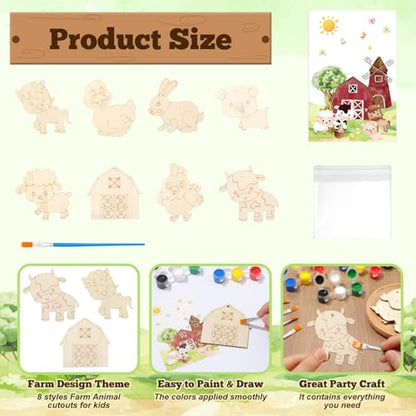 24 Pcs Farm Animals Party Favors Wooden Paint Craft Kits | Farm Theme Birthday DIY Activity, Animal Shapes with Barn,Organza Bags for Goodie Bag Fillers - style: Farm Animal