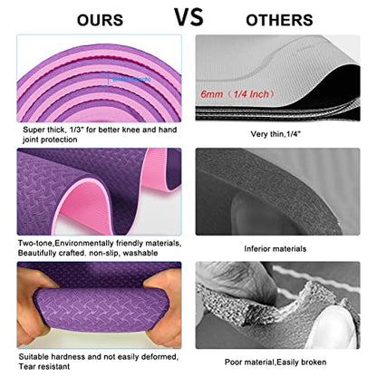 Yoga Mat 1/3" (8mm) Thick Non-Slip, Women Men Fitness & Exercise Mat, 72"Lx24"W Eco-Friendly TPE Workout Mat with Carrying Strap for Yoga, Pilates, Home Gym, Floor Exercises - color: Modena