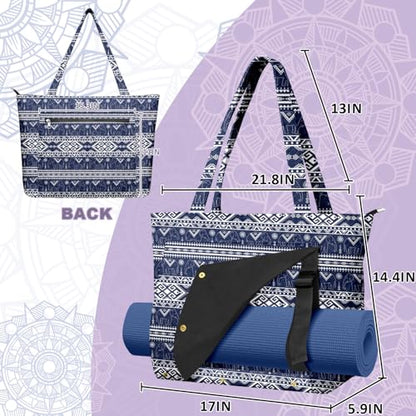 Yoga Bag for Women, Large Canvas Yoga Mat Tote Bag with Yoga Mat Carrier | Large Mat Pocket Fitness Tote for Pilates, Gym, Travel, Office & Beach - color: Blue Boho Elephant