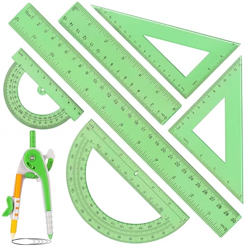 Zonon 1 Set Plastic Geometry Math Set 7 Pcs Includes 6'' / 4 '' Protractor, Drawing Compass, 45/60 Degree Triangle Rulers, 12'' / 6'' Math Ruler Transparent for Office Supplies(Green) - color: Green