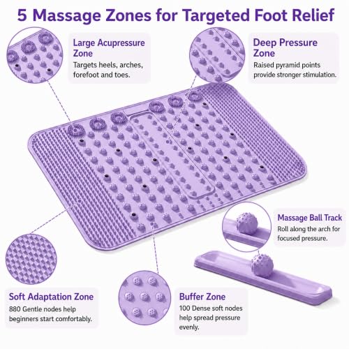 Soft TPR Extra Large Acupressure Foot Massage Mat With Removable Ball | 12 Magnets, Silicone-Like TPR, 24.4" x 15.7" Roll-Up Under Desk Foot Massager For Plantar Fasciitis And Foot Pain Relief - color: Purple