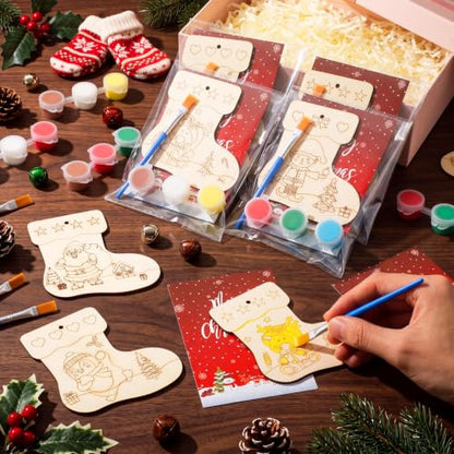 Saypacck 24 Pcs Christmas Stocking Party Favors Wooden Paint Craft Kits | Unicorn Mermaid Designs, Brushes Paints Organza Bags Included, Birthday Goodie Bag Fillers, Kids Girls Thank You Gifts - style: Christmas Stocking