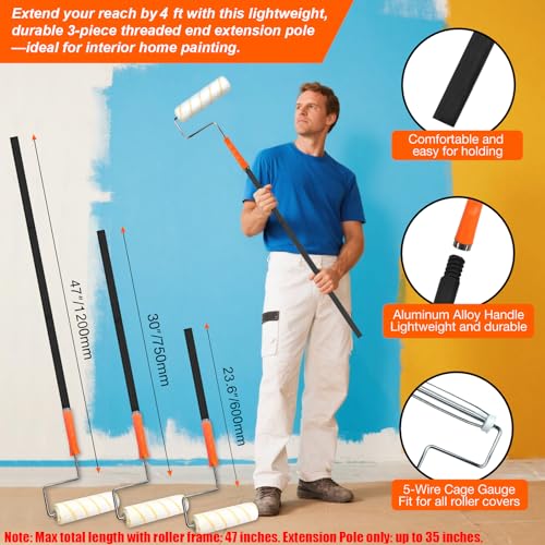 King Origin Paint Roller Kit with Extension Pole 4 Ft, 12 PCS | 9" & 4" Paint Rollers, Frame, Tray - Paint Supplies for Painting Walls, Home Interior, Painting Tool Kits - color: 4"&9" Rollers, 12-Pack