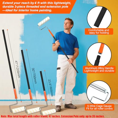 King Origin Paint Roller Kit with Extension Pole 4 Ft, 12 PCS | 9" & 4" Paint Rollers, Frame, Tray - Paint Supplies for Painting Walls, Home Interior, Painting Tool Kits - color: 4"&9" Rollers, 12-Pack