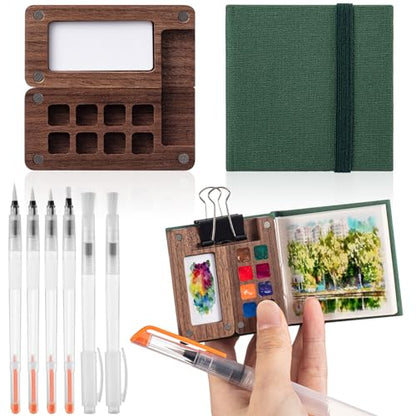 Qilery Mini Portable Watercolor Palette Set Wooden Grid Paint Box Watercolor Paper Sketch Book Brush Pens with Binder Clip for Painters Artist Not Include Paint(Pine Green) - style: Pine Green
