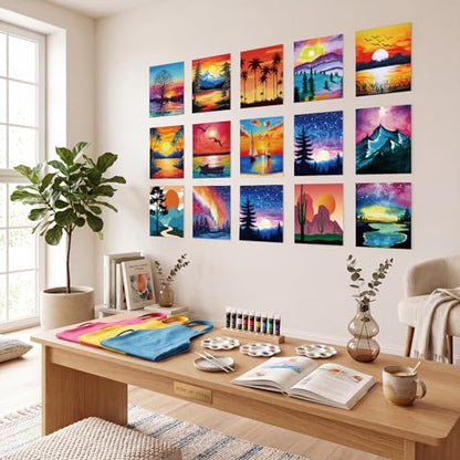 Cholemy 114 Pcs 16 Set Sip and Paint Kit for Adults 8'' x 10'' Pre Drawn Canvas Acrylic Painting Set Apron Brush Palette Date Night Party Supplies