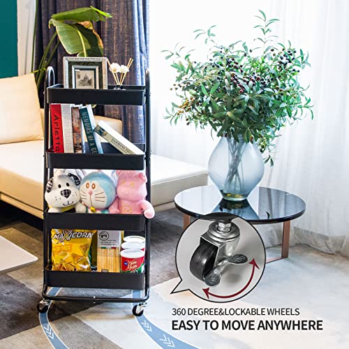 elabo 4-Tier Metal Mesh Utility Rolling Cart, Storage Organizer Trolley Services Cart with Lockable Wheels for Kitchen, Bathroom, Living Room (Black) - color: Black