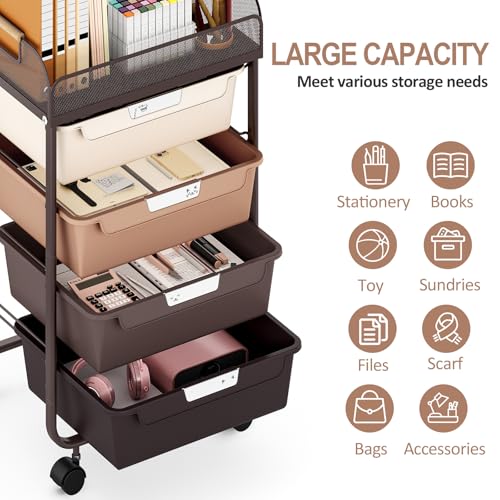 SYKIARIOL 4-Drawer Rolling Storage Cart with Mesh Top,Brown | Utility Craft Organizer Cart on Wheels with 4 DIY Labels, Rolling Drawer Cart for Home Office Classroom Bedroom - color: Gradient Brown