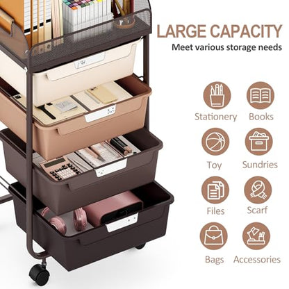 SYKIARIOL 4-Drawer Rolling Storage Cart with Mesh Top,Brown | Utility Craft Organizer Cart on Wheels with 4 DIY Labels, Rolling Drawer Cart for Home Office Classroom Bedroom - color: Gradient Brown