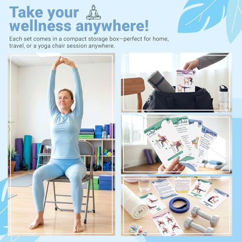 Gentle Chair Yoga Program for Seniors Includes 50 Large Print Exercise Cards that Gently Target Back Relaxation, Core Strength, and Leg Stability.