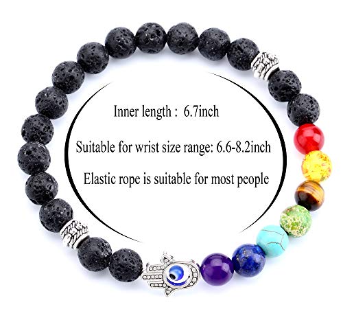 Men Women 8mm Lava Rock 7 Chakra Beads Chakra Bracelet - color: Hamsa hand