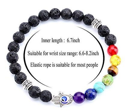 Men Women 8mm Lava Rock 7 Chakra Beads Chakra Bracelet - color: Hamsa hand