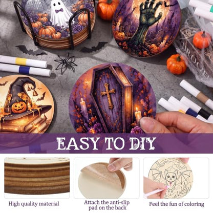 Reallnaive 77 Pcs Halloween Coasters Painting Kit, 20 Set Wooden Drink Coasters 4 Inch with Holder & Markers Boho DIY Crafts for Adults, Women, Hobby, Color Your Own Art Craft Supplies - style: Halloween