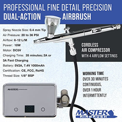 Master Airbrush Powerful Cordless Airbrushing System Kit - 20 to 36 PSI, Portable Rechargeable Air Compressor Professional Artist Set, How to Guide - Acrylic Paint, Makeup, Cake, Hobbies Crafts, Model
