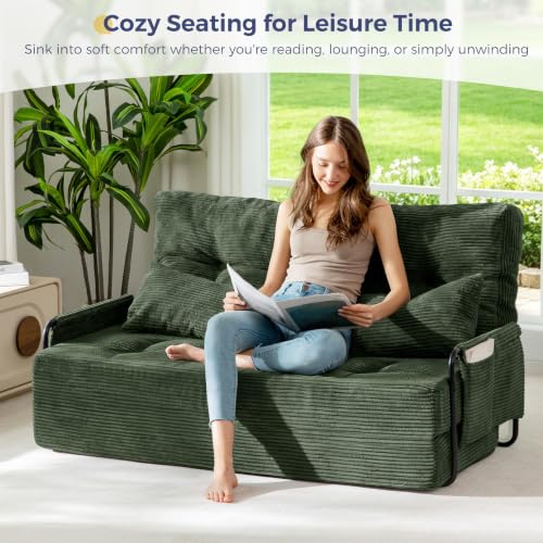 MAXYOYO Adjustable Folding Sofa Bed Couch with 2 Pillows, Dark Green | Multi-Functional Bean Bag Bed, 5-Position Foldable Lazy Floor Sofa Bed with Armrest, Versatile Floor Seating for Reading - color: Dark Green