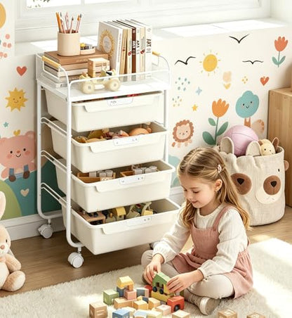 SYKIARIOL 4-Drawer Rolling Storage Cart with Mesh Top,White | Utility Craft Organizer Cart on Wheels with 4 DIY Labels, Rolling Drawer Cart for Home Office Classroom Bedroom - color: Cream White