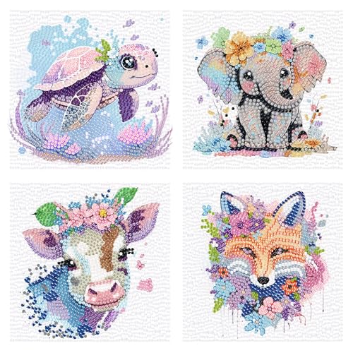 VividMeng 4 Pack Diamond Art Kits for Kids, 5D DIY Cute Animals Diamond Painting Kit for Kids Beginners, Gem Art by Number Kits for Boys Girls Ages 6-8-12-14, Home Wall Decor Gift for Party 6X6inch - color: 4 animals