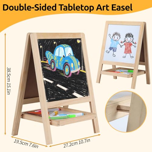 Tabletop Wooden Art Painting Easel for Kids 2-4, Chalkboard & Double-Sided Drawing Whiteboard for Toddlers, 4-in-1 Desk Easel with Magnetic Letters/Numbers & Flashcards Markers, Eraser