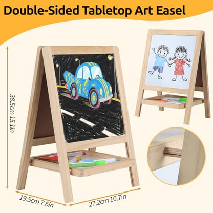 Tabletop Wooden Art Painting Easel for Kids 2-4, Chalkboard & Double-Sided Drawing Whiteboard for Toddlers, 4-in-1 Desk Easel with Magnetic Letters/Numbers & Flashcards Markers, Eraser