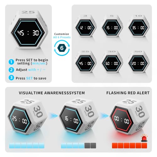 Visual Productivity Timer with Stopwatch, 5 & 25 Minute Presets | 6 Presets 3, 5, 10, 25, 30 & 50 Minutes with Silent, Vibration and Sound Alerts for ADHD, Study, Work and Classroom - color: White